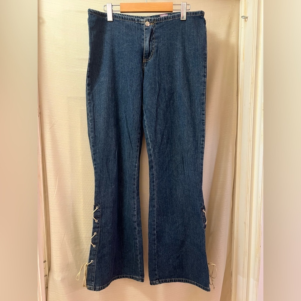 Vintage Y2K Bubblegum Lace-Up Denim Flares • 2000s Low Rise Retro Vintage
